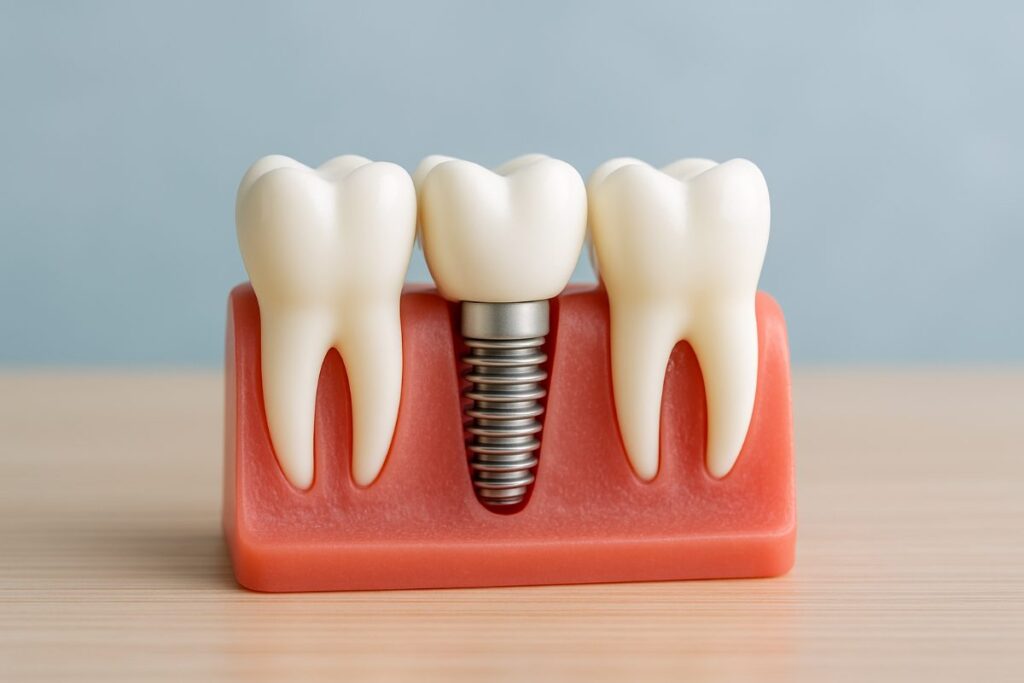 Image comparing traditional dentures to dental implants for tooth replacement, showing the stability and natural look of implants versus the bulkiness of dentures. No text on image.