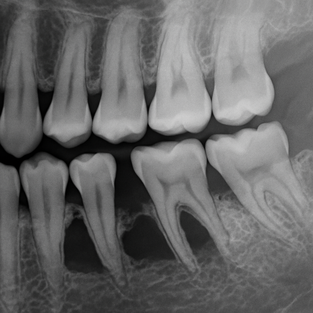 A digital x-ray scan of a patient's mouth, clearly highlighting areas of significant bone loss around the base of the teeth, with a ruler indicating the measurements of bone recession. No text on image.