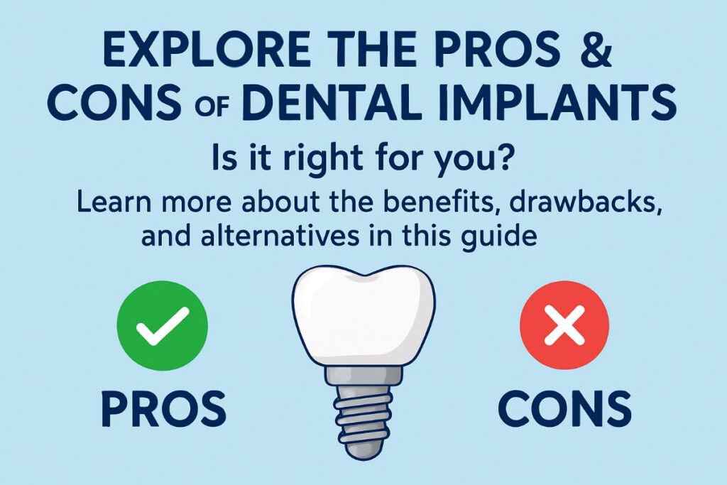 A split image showing the pros and cons of dental implants. On the "pros" side, a person is happily eating an apple with strong, white teeth. On the "cons" side, show a close-up of a surgical tool with a concerned expression.