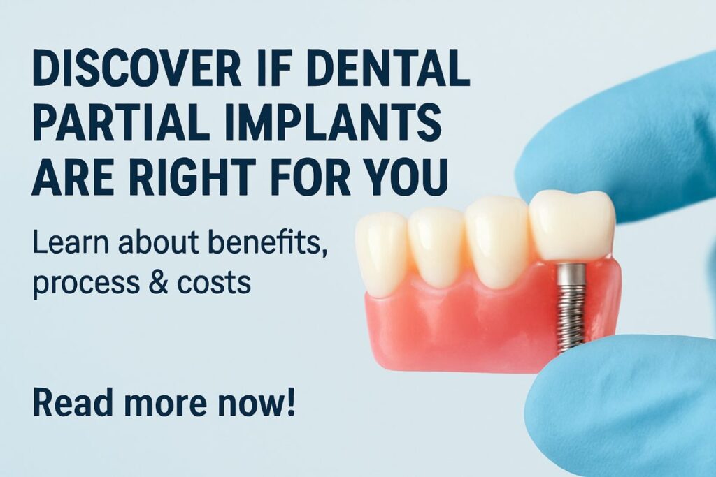 A close up shot of a dentist placing a dental partial implant into a patient's mouth, the dentist is smiling, the patient is relaxed. No text on image.