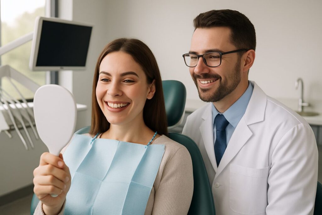 A modern dental office setting in Warwick, RI, featuring a smiling patient looking in a mirror after a cosmetic dentistry procedure, with a cosmetic dentist beside them. No text on image.