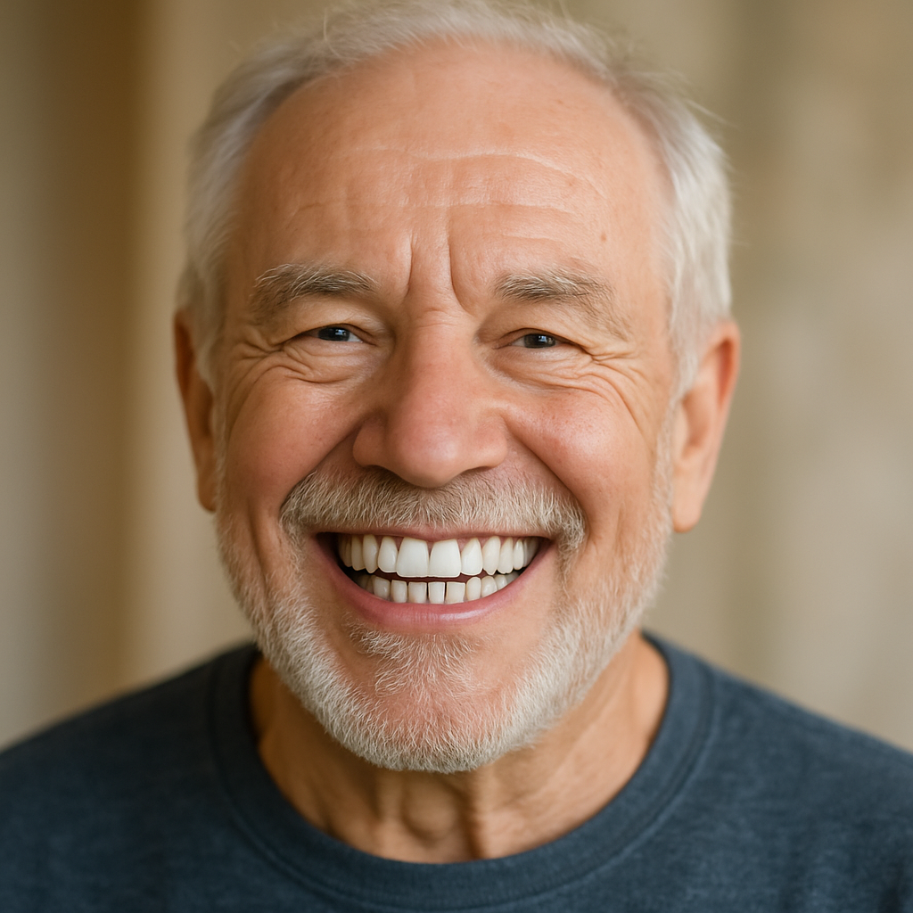 Image of a senior man with dental implants smiling genuinely at the camera. The background is blurred to keep focus on the dental work and his happy expression. No text on the image.