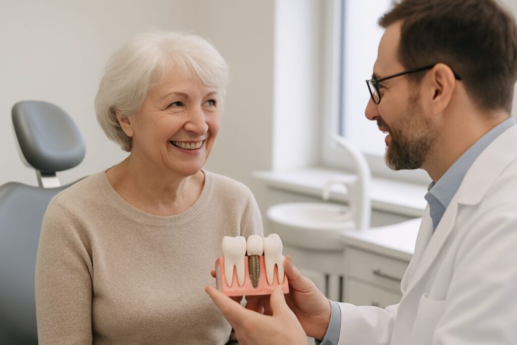 Image of a smiling senior woman speaking with a male dental implant dentist in an office. No text on the image.