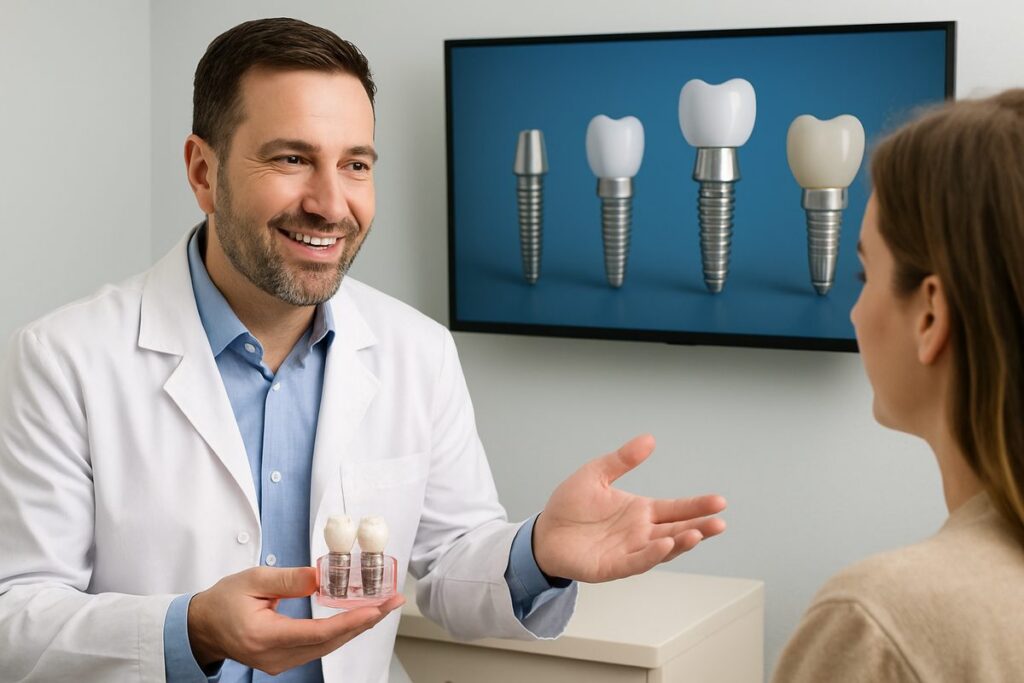 Image of a dentist in Warwick, RI, consulting with a patient about dental implant options, showcasing a variety of implant types on a screen in the background. No text on the image.