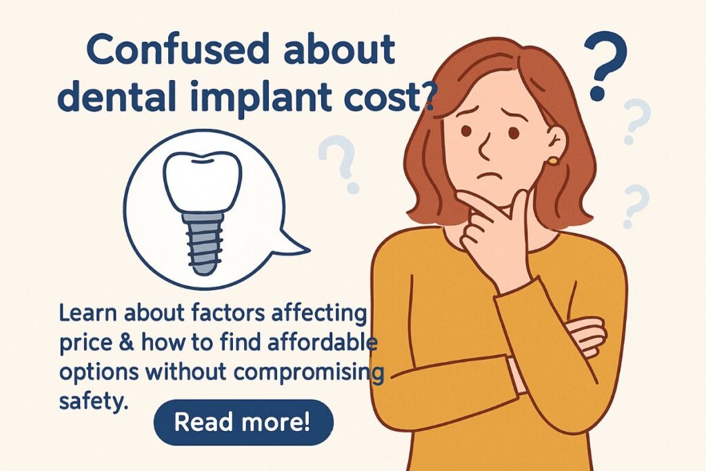 A person looking concerned while searching on their phone "cheap dental implant". The phone screen should display search results with varying prices, some highlighted in red to emphasize potential risks. No text on image.