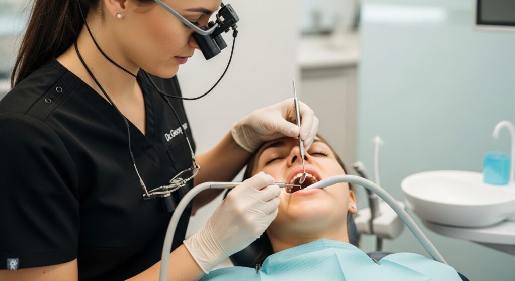 Dental hygienist performing deep cleaning on a patient in a modern dental office