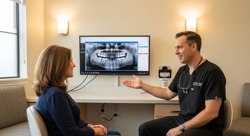 Dr. Eric George consulting with a patient in a modern dental office, showcasing comprehensive care