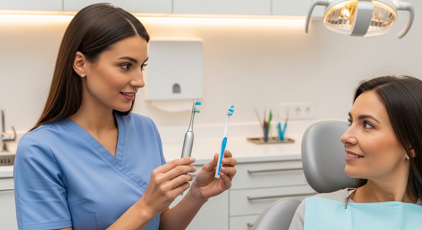 Dentist advising a patient on electric and manual toothbrushes