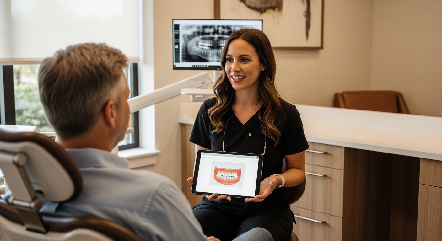 Dentist consulting with patient in a modern dental office