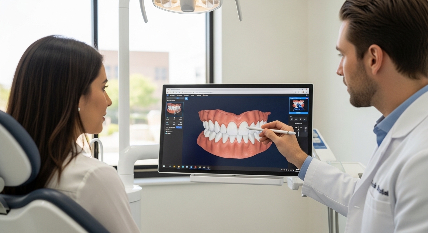 Dentist consulting with a patient in a modern dental office