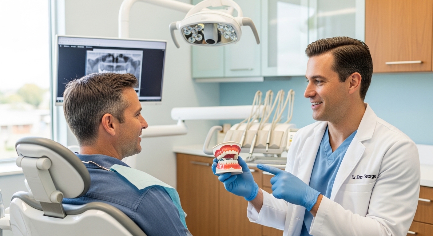 Dentist and patient consultation in a modern dental office.