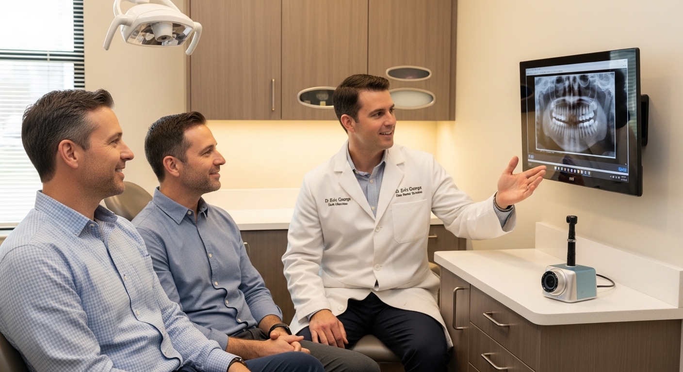 Dr. Eric George discussing dental care with a patient in a modern clinic setting