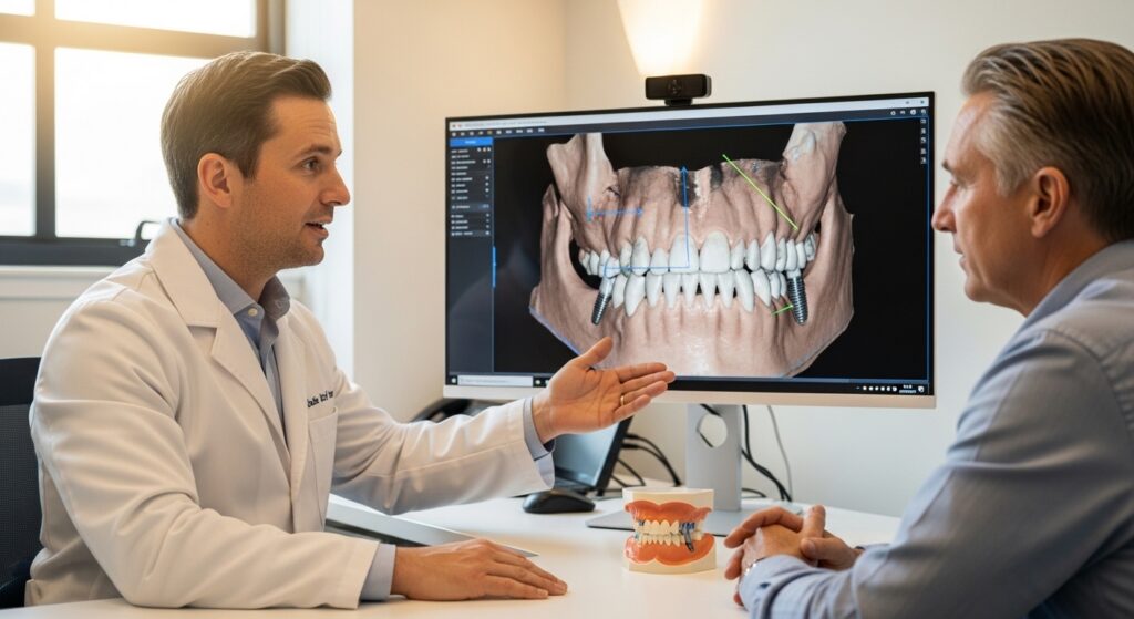 Dentist consulting a patient about All On 4 dental implants in a modern dental office.