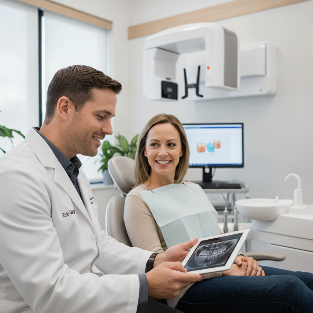 Dentist explaining dental procedure to a patient in a modern clinic