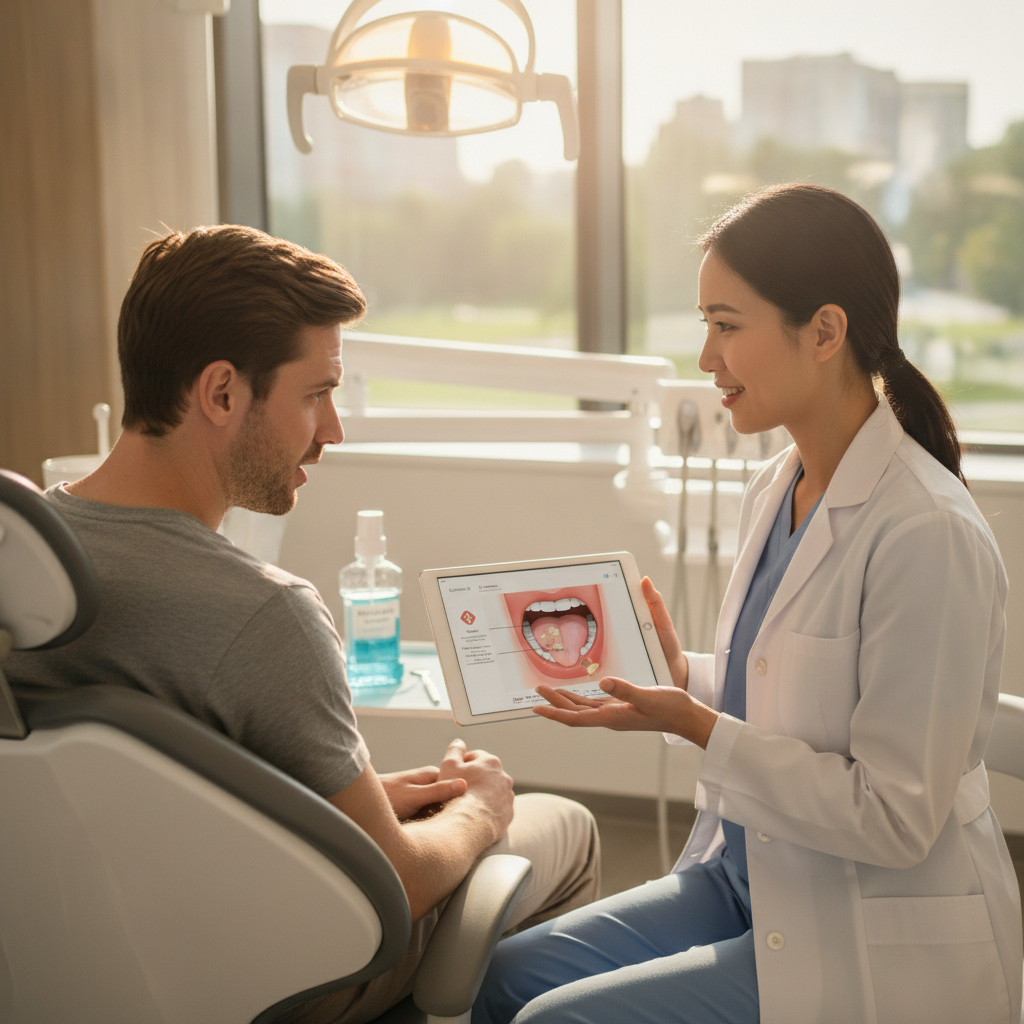 Dentist consulting with a patient about bad breath treatment options.