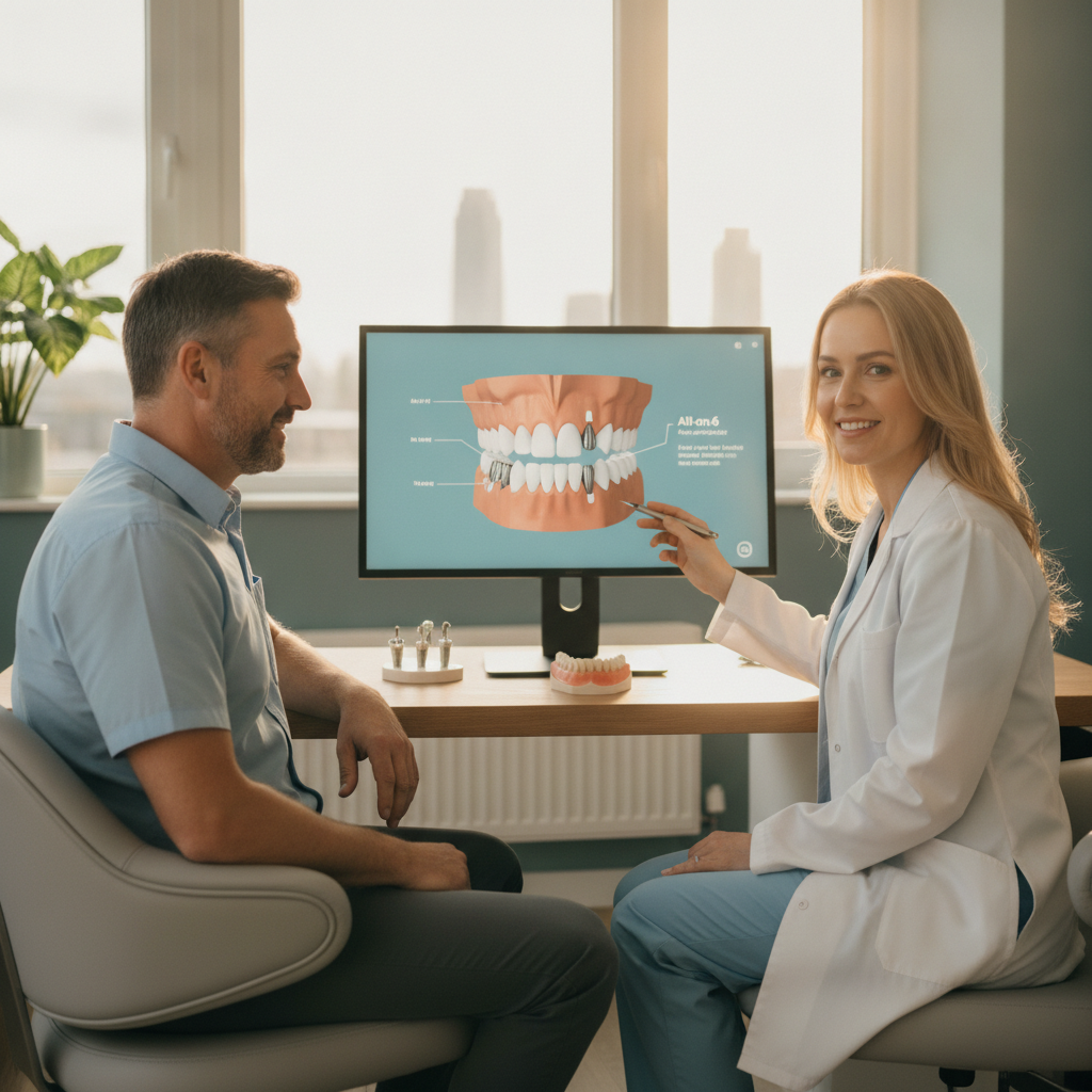 Dentist discussing dental implant solutions with a patient